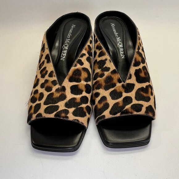Alexander McQueen Leopard Calf Hair Mules Size 37 Open Square Toe Slip-On - Picture 3 of 16